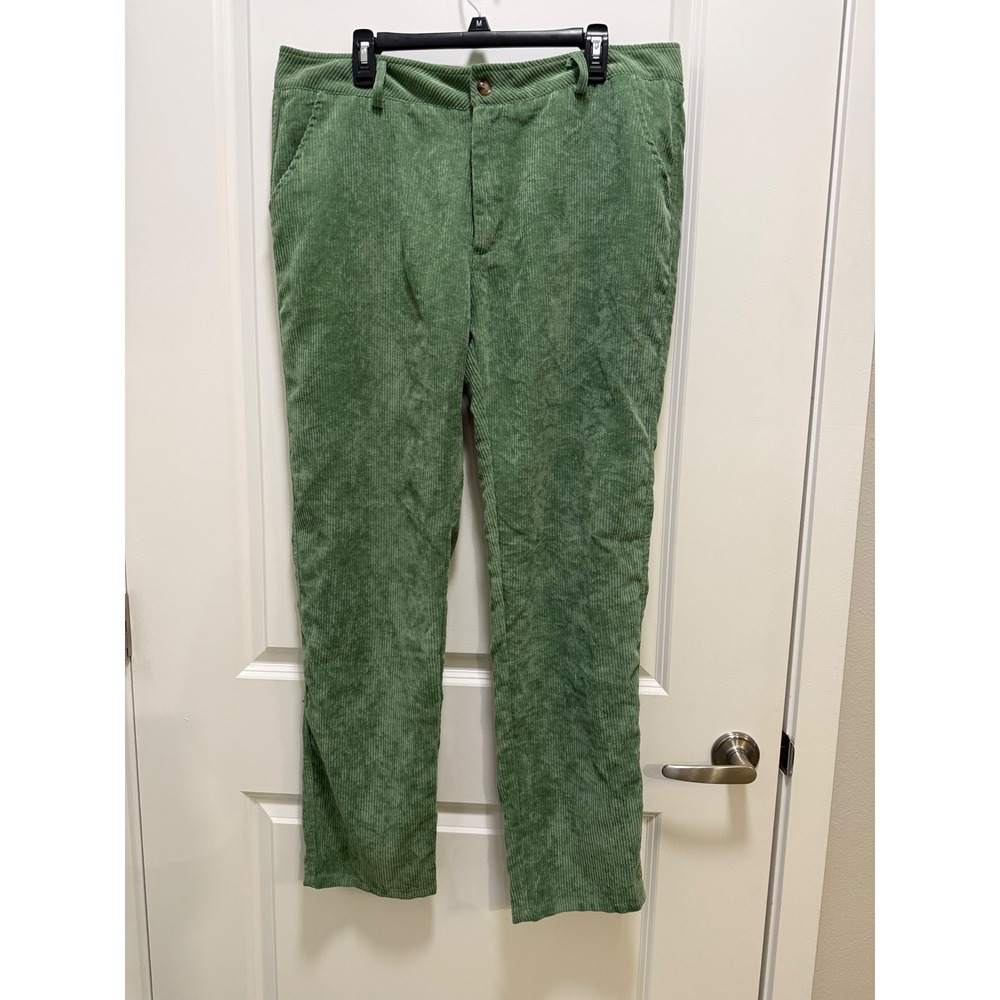BoohooMAN Mens Sage Green Corduroy Straight Leg Pants 36R Regular Fit Trousers